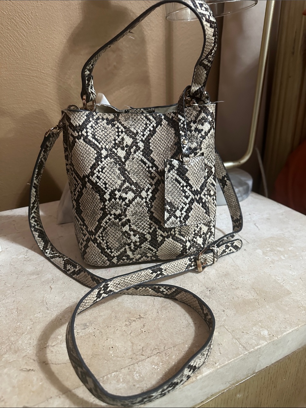 Snake Print Bucket Bag - Neutral Python Shoulder & Crossbody
